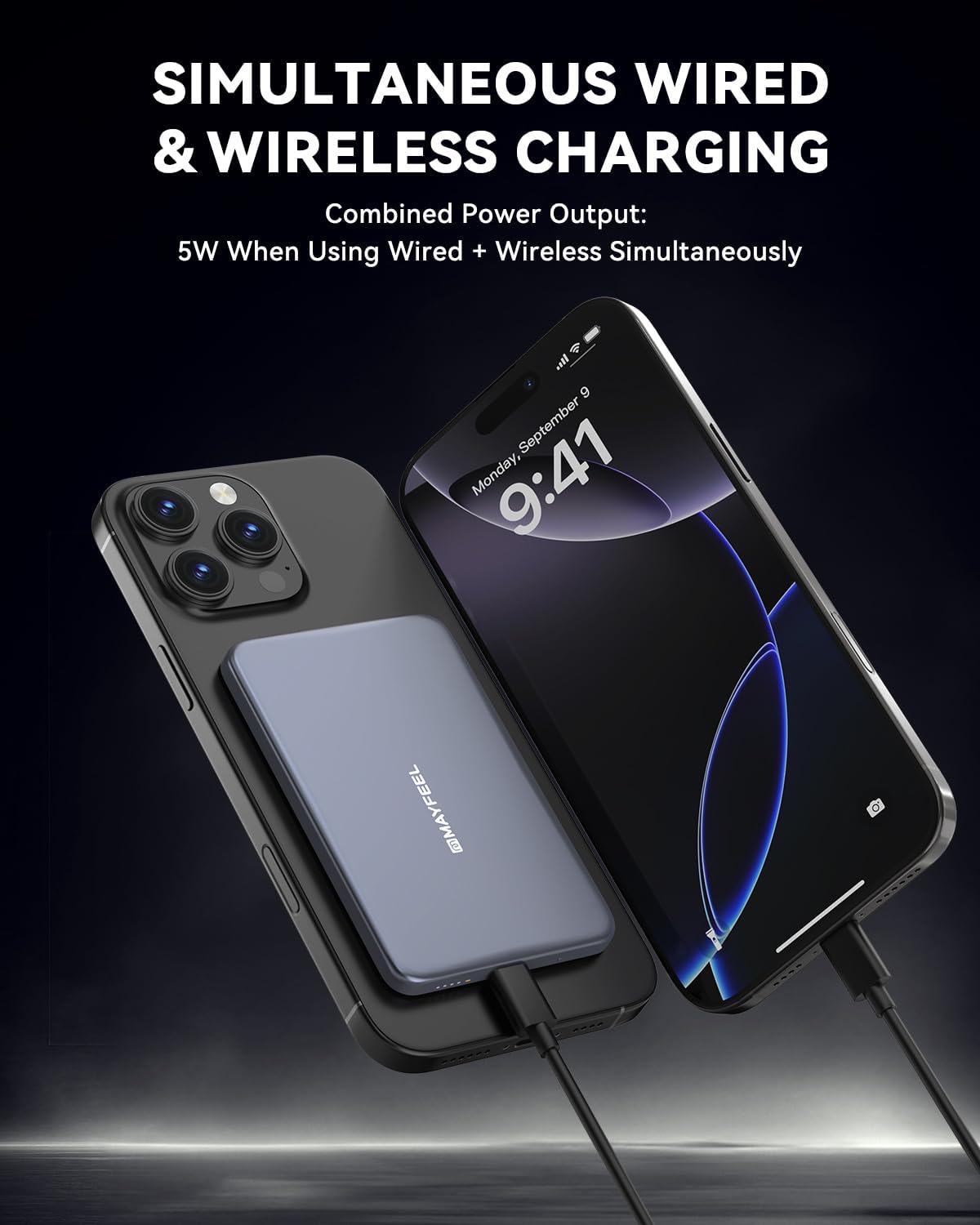 Mayfeel Cargador portátil magnético ultra delgado de 0.3 pulgadas, batería externa inalámbrica de 5.000 mAh con cable USB-C, carga rápida compatible con MagSafe para iPhone 17/16/15/14/13/12