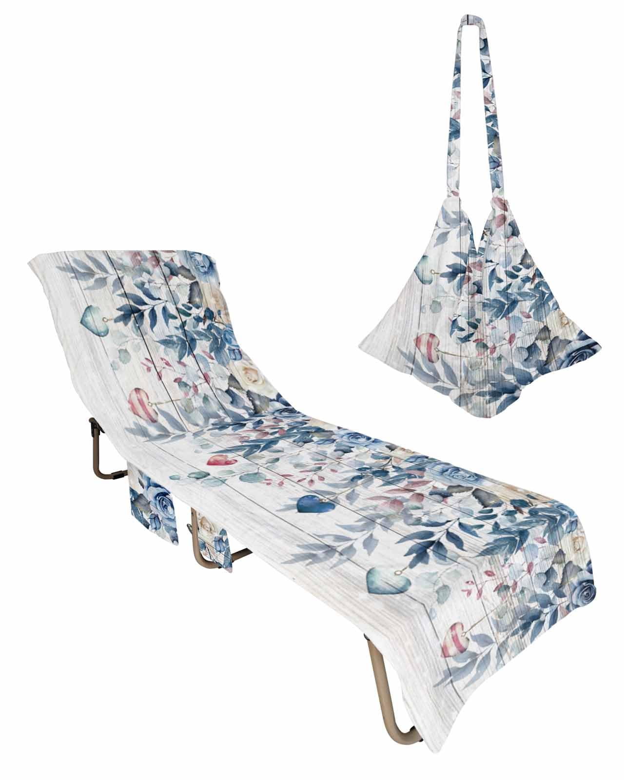 Blue Botanical Valentines Beach Lounge Chair Towel Cover, Soft Chaise Lounge Towel with Side Pockets Patio Pool Chairs Cover for Beach/Pool Sunbathing 29x85 Spring Floral Love Heart Vintage