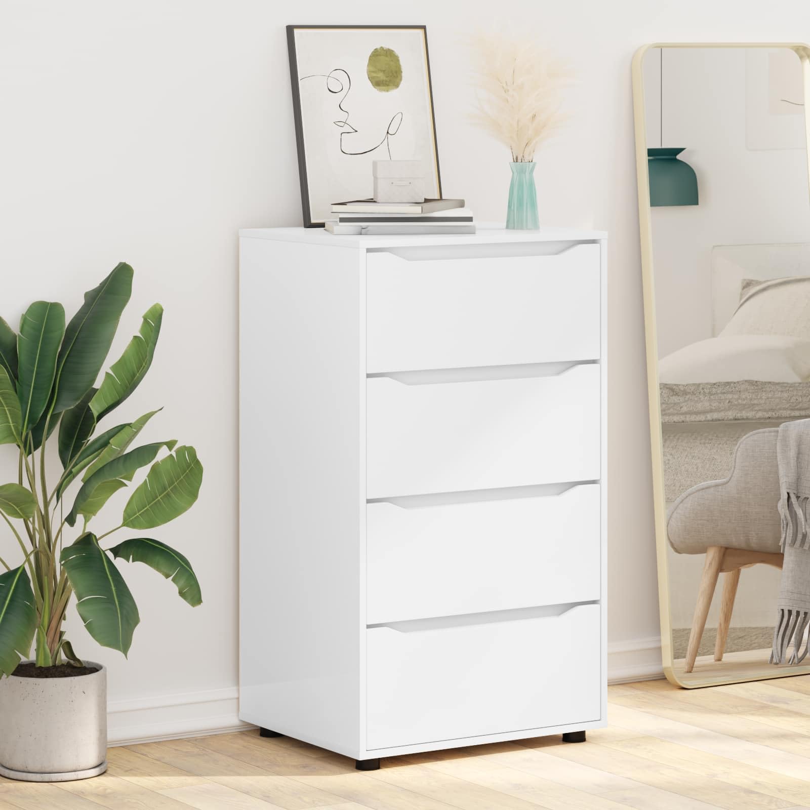 Armadio portaoggetti da 60 x 48 x 105 cm, in legno bianco, con 4 cassetti, regolabile in altezza, design stabile, ideale per camera da letto, soggiorno, ufficio, cantina, garage, cucina e