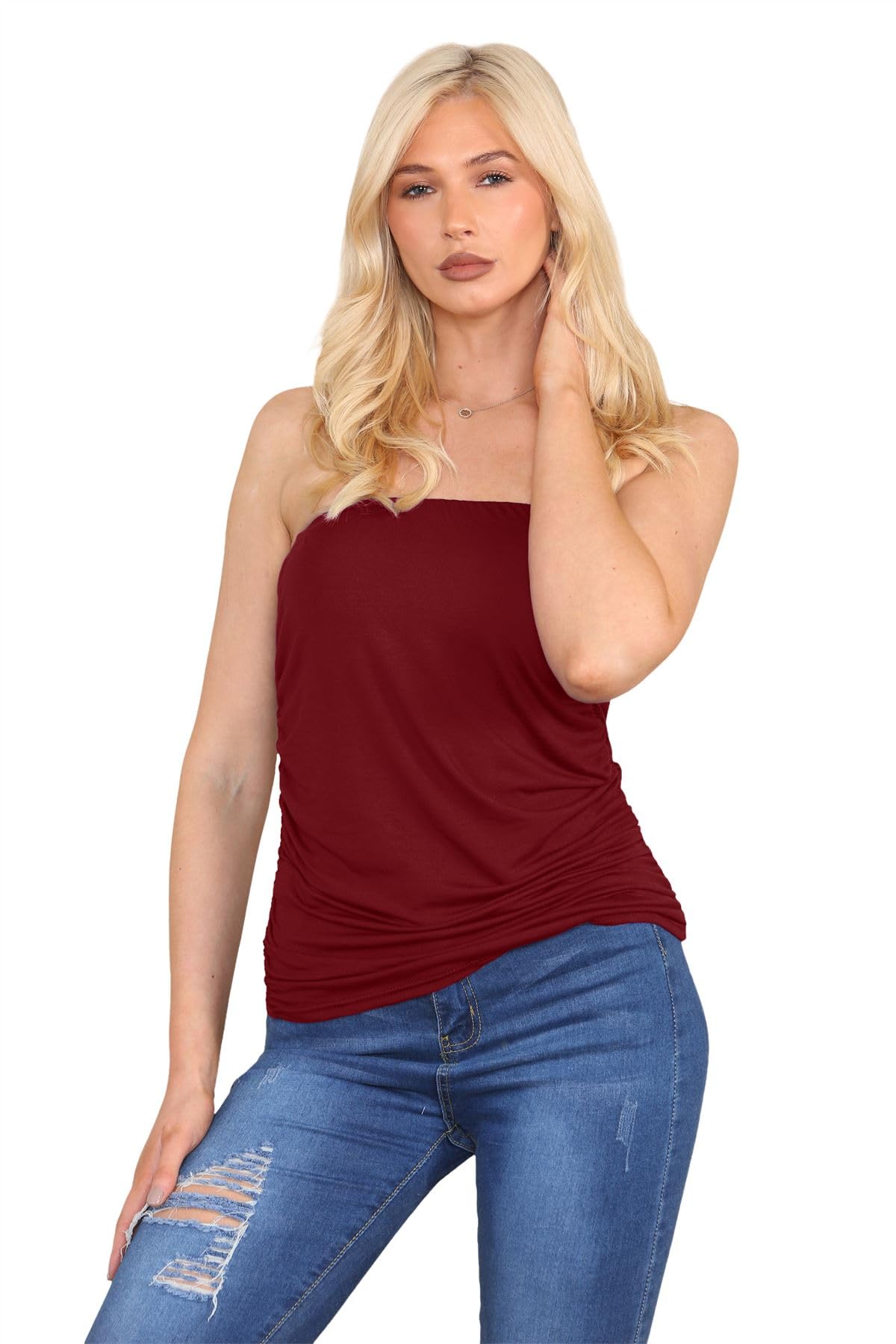 Janisramone Women's Wine New Boobtube Bandeau Strapless Top Both Side Ruched Crop Bra Vest Top