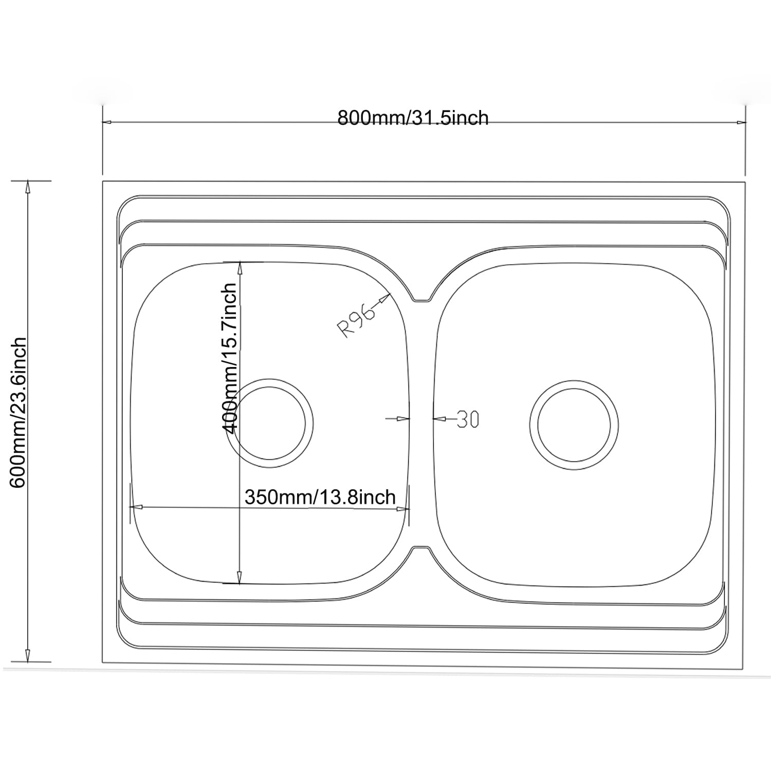 Lavello da cucina doppio in acciaio inox, 80 x 60 cm, con 2 vasche con sifone