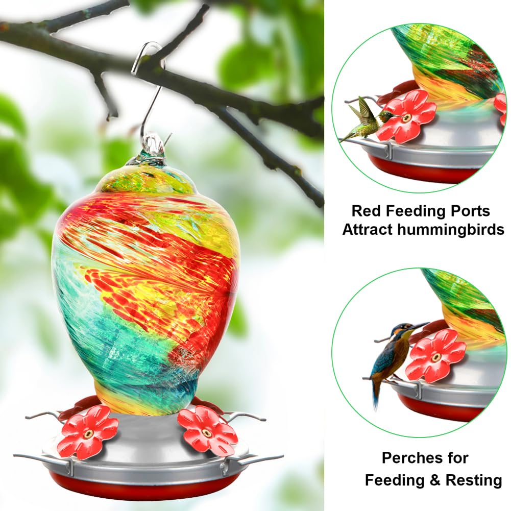 Mangiatoia per colibrì in vetro da appendere all'esterno, 907,2 g, grande, soffiato a mano, decorazione per patio, giardino, con formiche, fossato, idea regalo per donne (cerchio