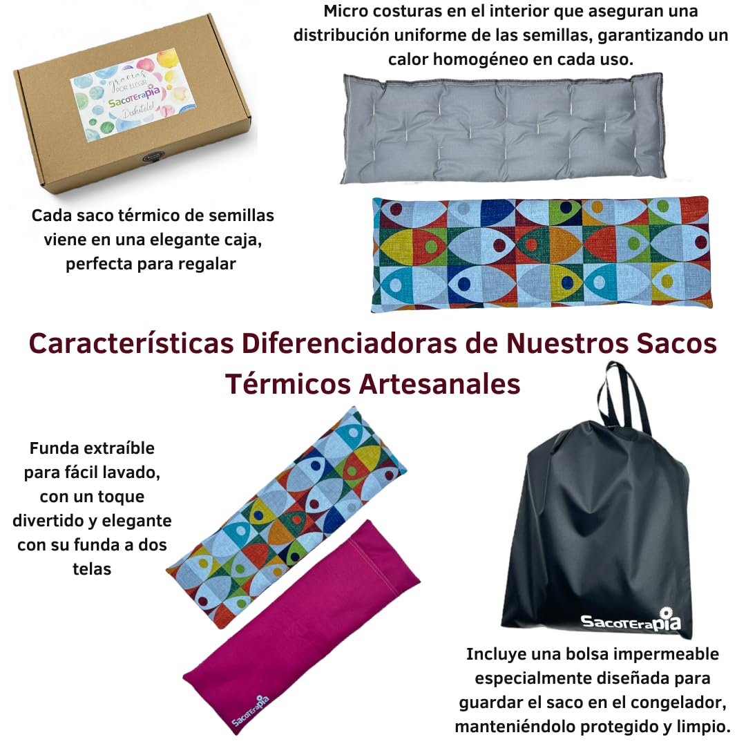 Saco Térmico de Semillas para Microondas - 50 x 16 cm - Doble Uso Frío o Calor - Alivio Natural para Cólicos y Dolor Muscular - Relleno de Trigo y Lavanda - Estampado Peces - SACOTERAPIA