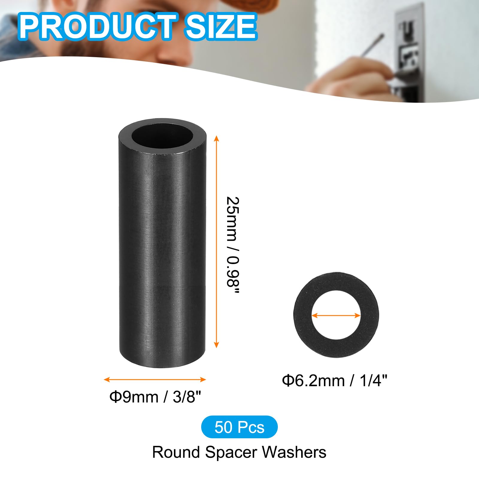 PATIKIL 50Pcs M4 ABS Spacers M6 x 9mm OD x 25mm L Plastic Round Spacer Washers Black Standoff Nut Unthreaded for Screws Bolts Electrical Outlet - Image 2