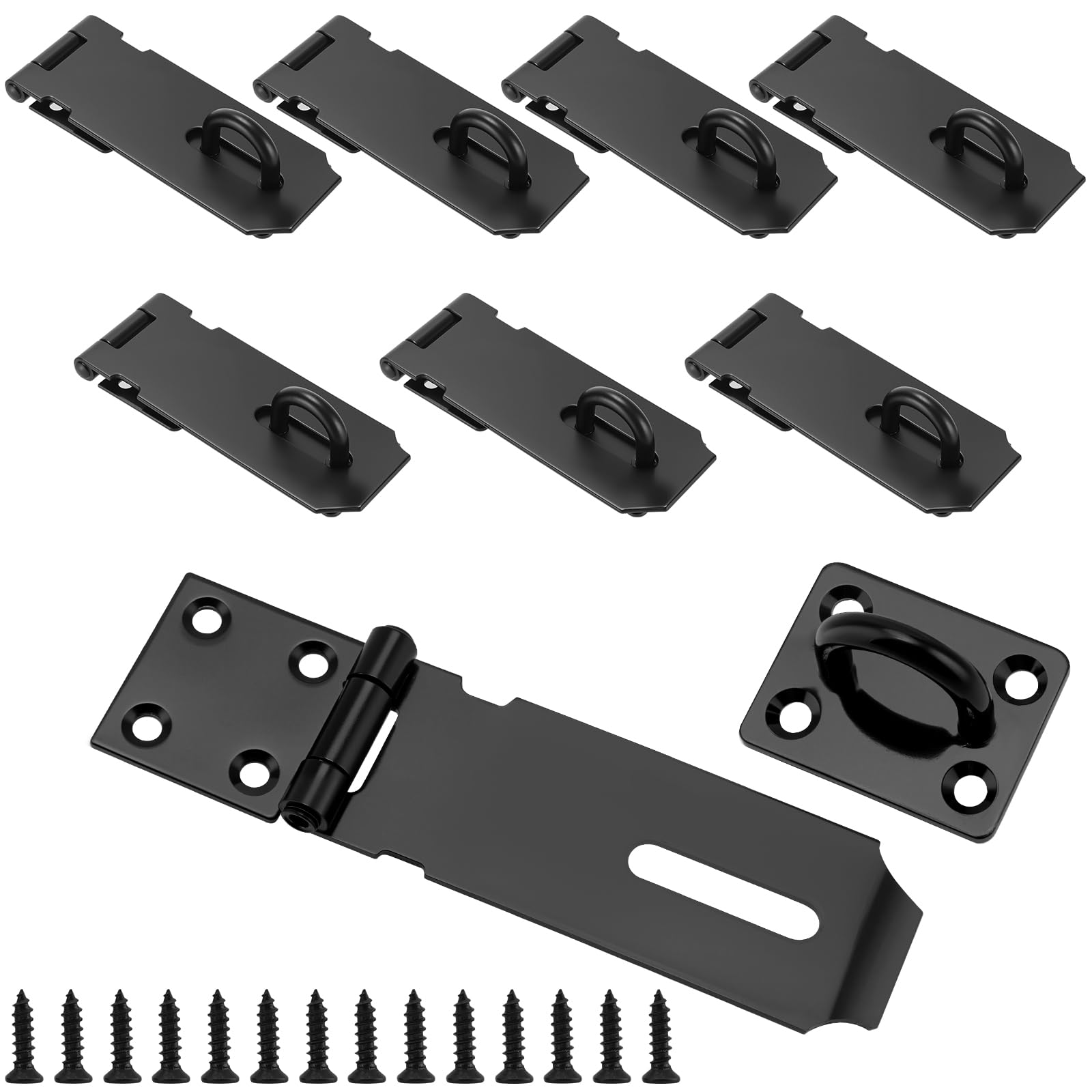 JIAYUET 8 PCS 4 Inch Door Padlock Hasp,100mm Stainless Steel Shed Latch Hasp and Staple,Heavy Duty Gate Lock Latch for Window Cabinet,Black