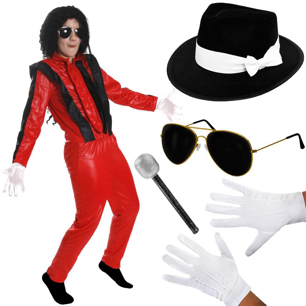 Kids King of Pop Costume - Large - Red & Black Jacket & Trousers, Black Fedora Hat, Sunglasses, Gloves, Microphone - Boys Girls 80s Music Icon Halloween Fancy Dress Costume