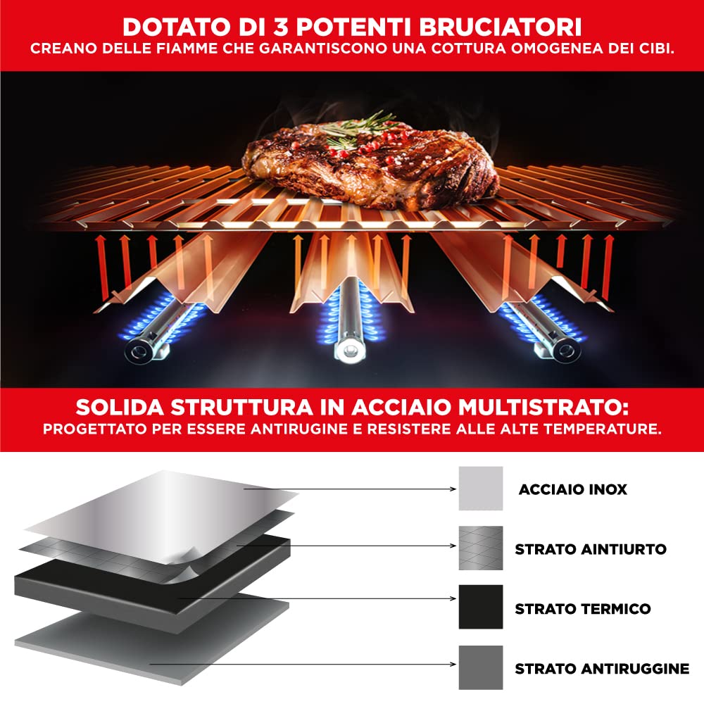 Arsard Barbecue a Gas Professionale XXL 4 Fuochi 13 KW Griglia In Ghisa Acciaio Inox