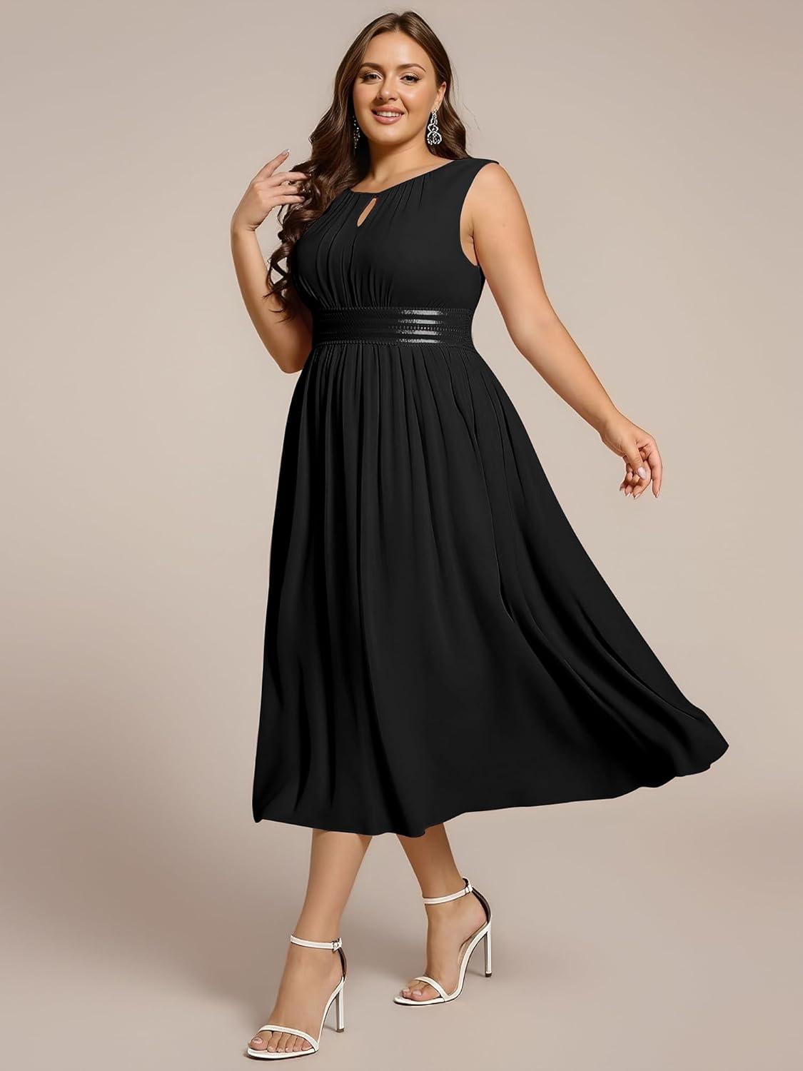 Ever-Pretty Plus Women's Wedding Guest Dress Elegant Sleeveless Chiffon Midi Plus Size Semi Formal Dresses for Curvy Women - Image 3