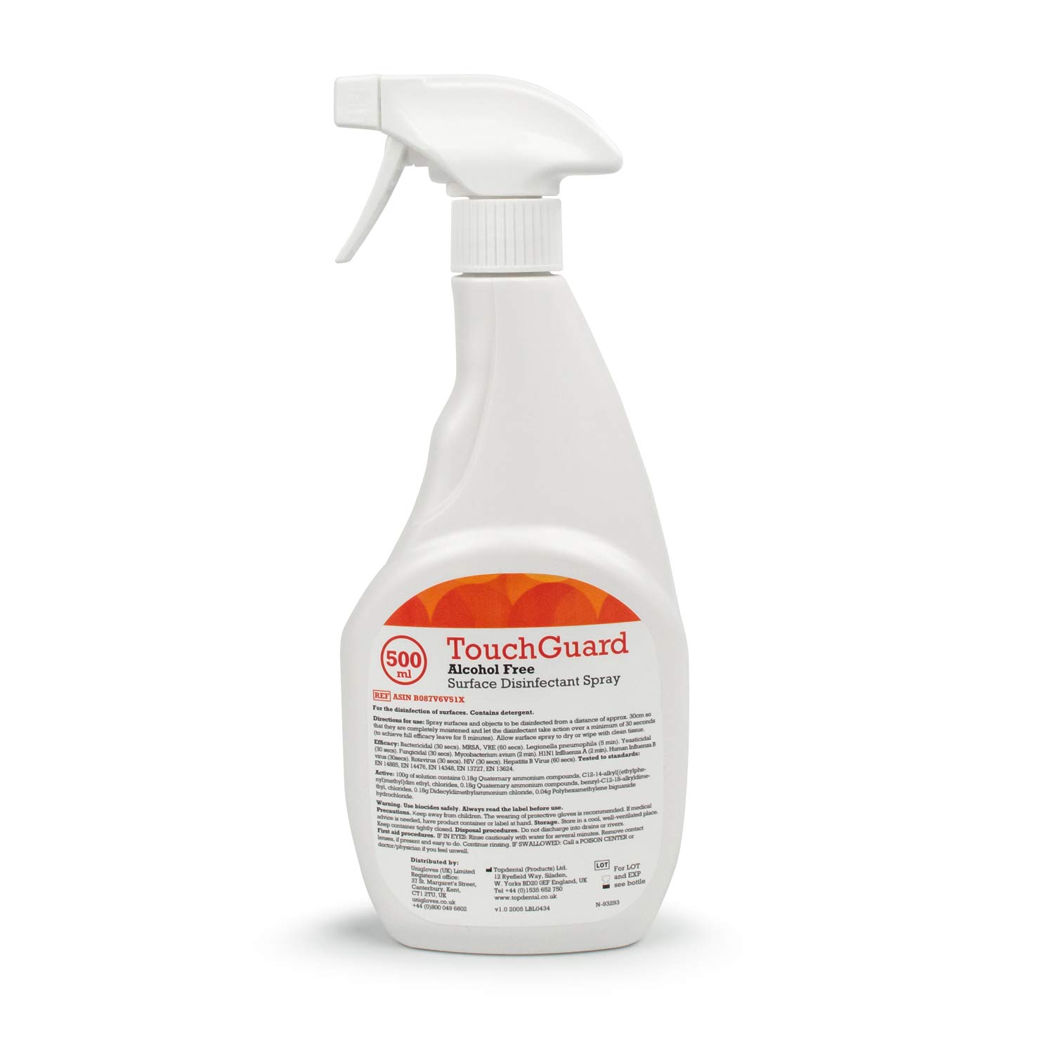TouchGuard Lot de 10 x 500 ml, Spray désinfectant multi-surfaces sans alcool - Fabriqué au Royaume-Uni