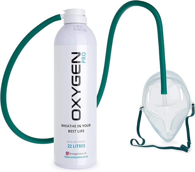 Oxygen Pro Cylinder with Mask and Tube - 22L of 99.5% Pure Oxygen Canister - Patented Compact Compression Tech - Improves Concentration, Performance, Recovery  Perfect for Sport, Study & Travel