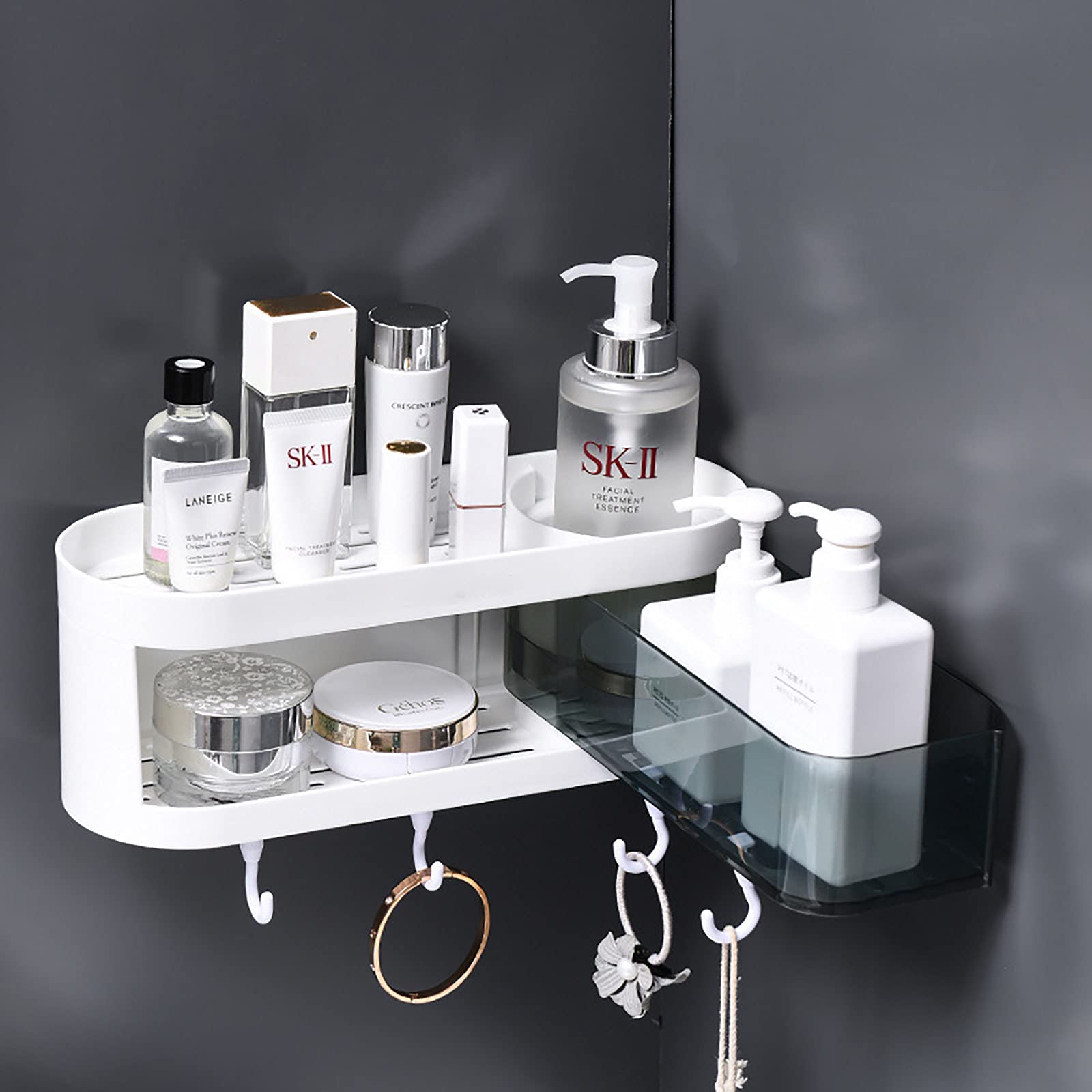 Estantes de baño exquisitos Estante de Esquina de baño Estante de baño Adhesivo con 4 Ganchos giratorios sin taladrar para Cesta de baño Almacenamiento de Cocina