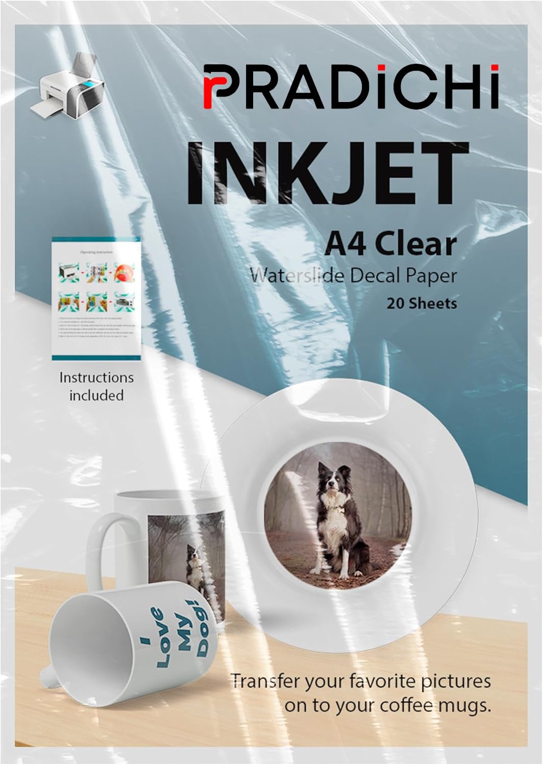 PRADICHI Water Slide Decal Paper A4 Size – 20 Sheets Waterslide Transfer Paper for Inkjet & Laser Printers | DIY Crafts, Mugs, Glass, Ceramics & Personalized Projects (20PACK Inkjet Clear)