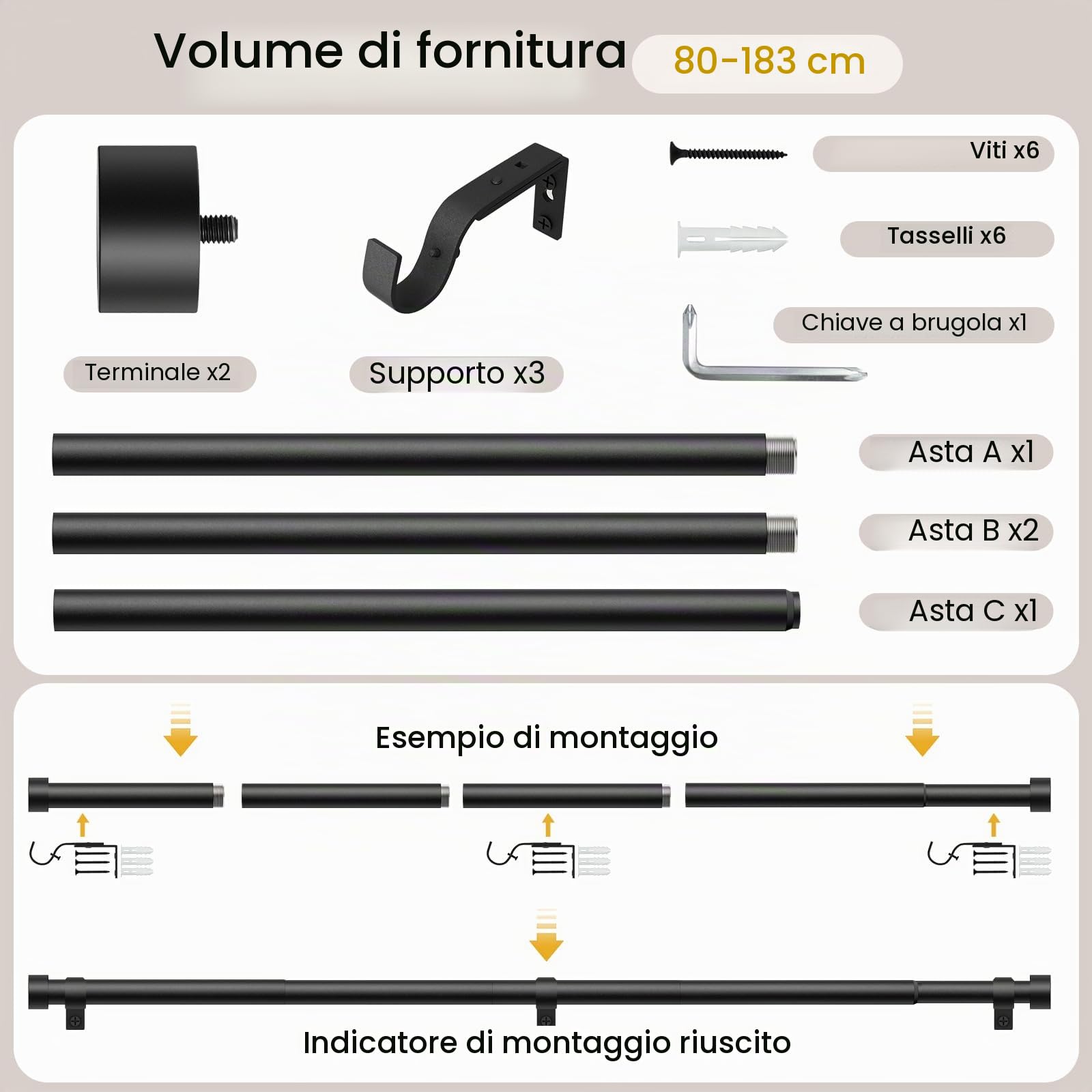 Bastone per Tende Nero, 80-183 cm Regolabile, Asta Estensibile con Terminali a Cilindro e Staffe