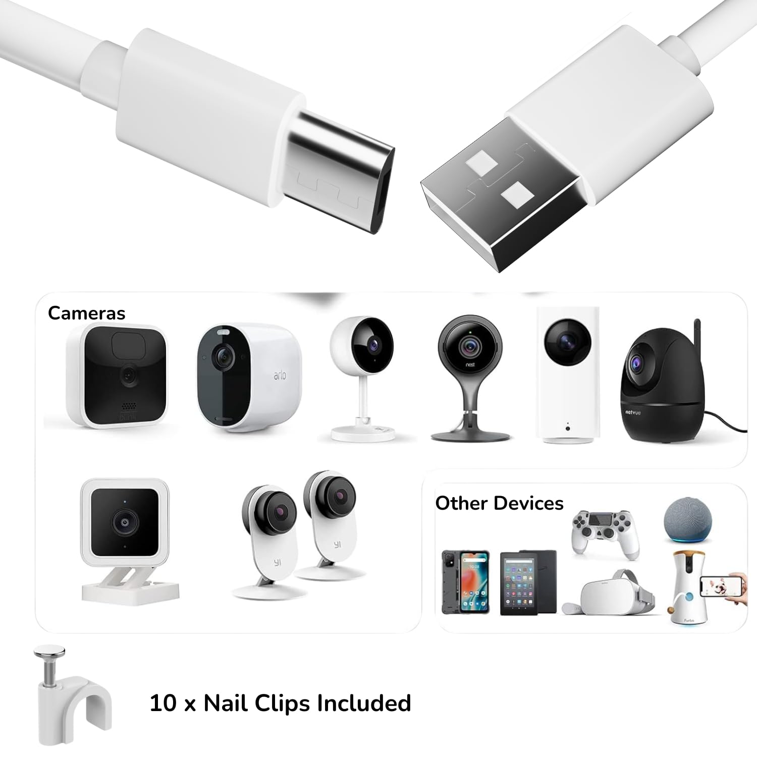 Cavo di prolunga USB da 2 m, per Wyze Cam Pan, WyzeCam, Oculus Go, Kasa Cam, Yi Dome Home Cam, Furbo Dog, Nest Cam, Arlo Q, Blink, Netvue, per la sicurezza domestica