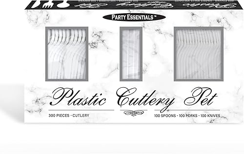 Miniatura 8 de Party Essentials Juego de cubiertos de plástico de peso medio, incluye cuchillos, tenedores, cucharas, 300 piezas100 lugares, transparente