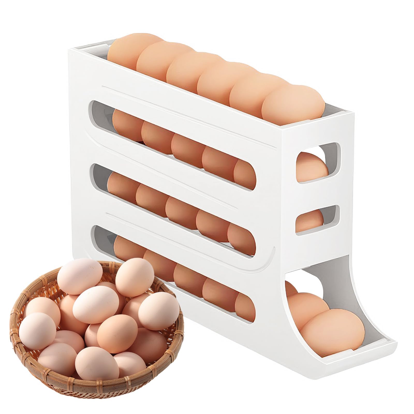 Jidyllic White 4-Tier Auto Rolling Egg Dispenser,Automatic Scrolling Egg Rack Holder Durable Plastic Kitchen Organizer Space-Saving Dispenser Holder For Fridge And Countertop(White)