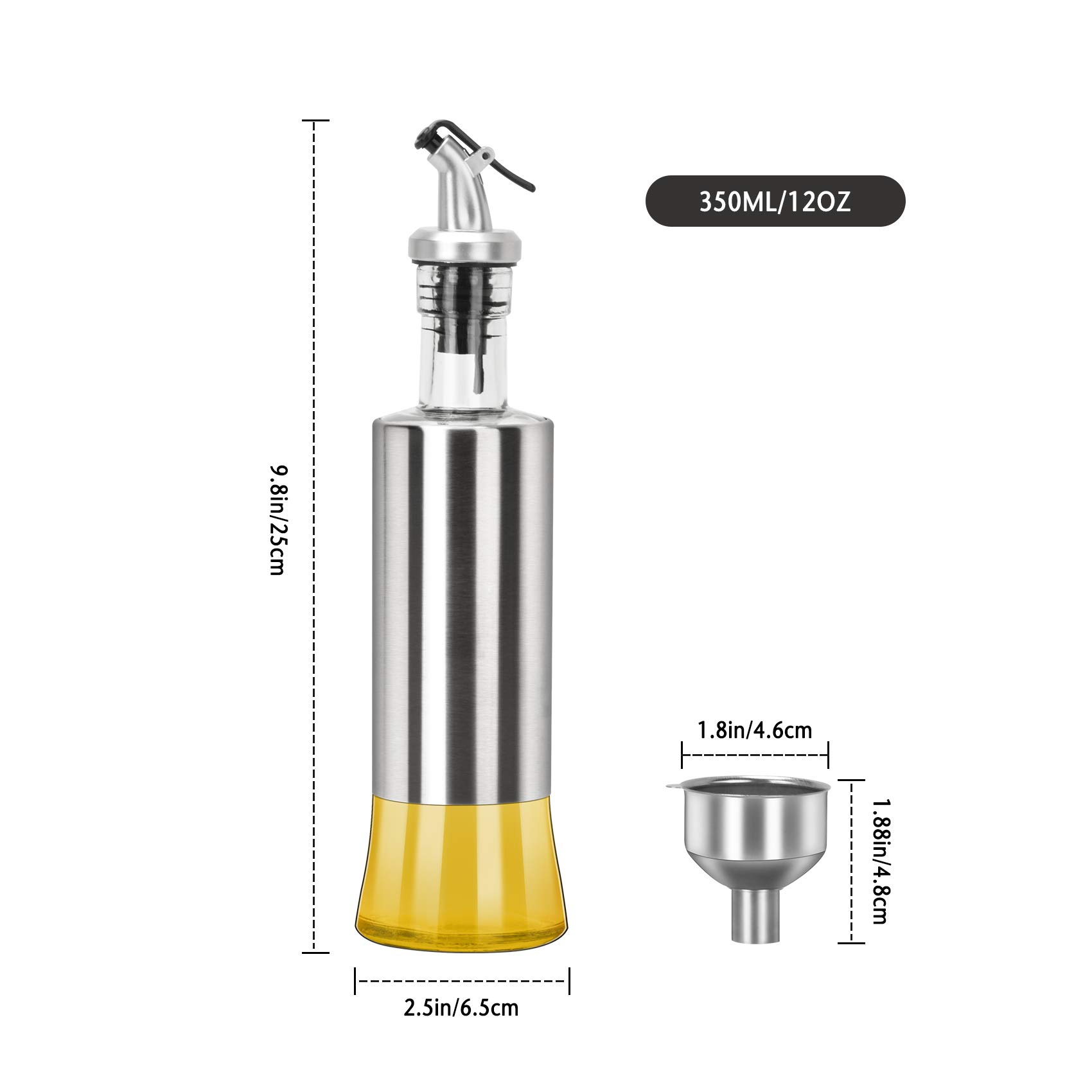 Only fire - Set di 2 dispenser per olio e aceto, in acciaio INOX, 340,2 g, per bottiglie di salsa in vetro, per cucina e barbecue (2 imbuto incluso)