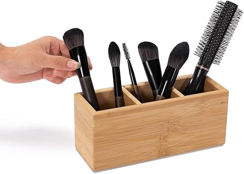 Miniatura 6 de PELYN Organizador de brochas de maquillaje para tocador, organizador de cepillos de pelo para encimera de baño, bambú