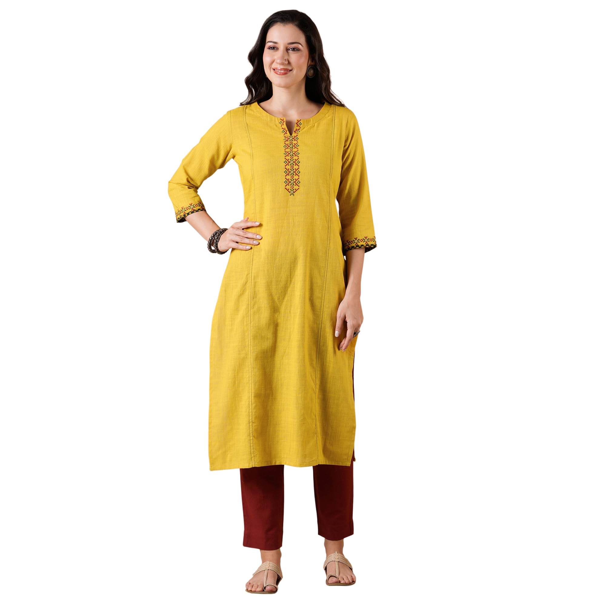 kami kubi Straight Fit Cotton Slub Kurta with Rabari Embroidery & Block Print Trim.-picture-13