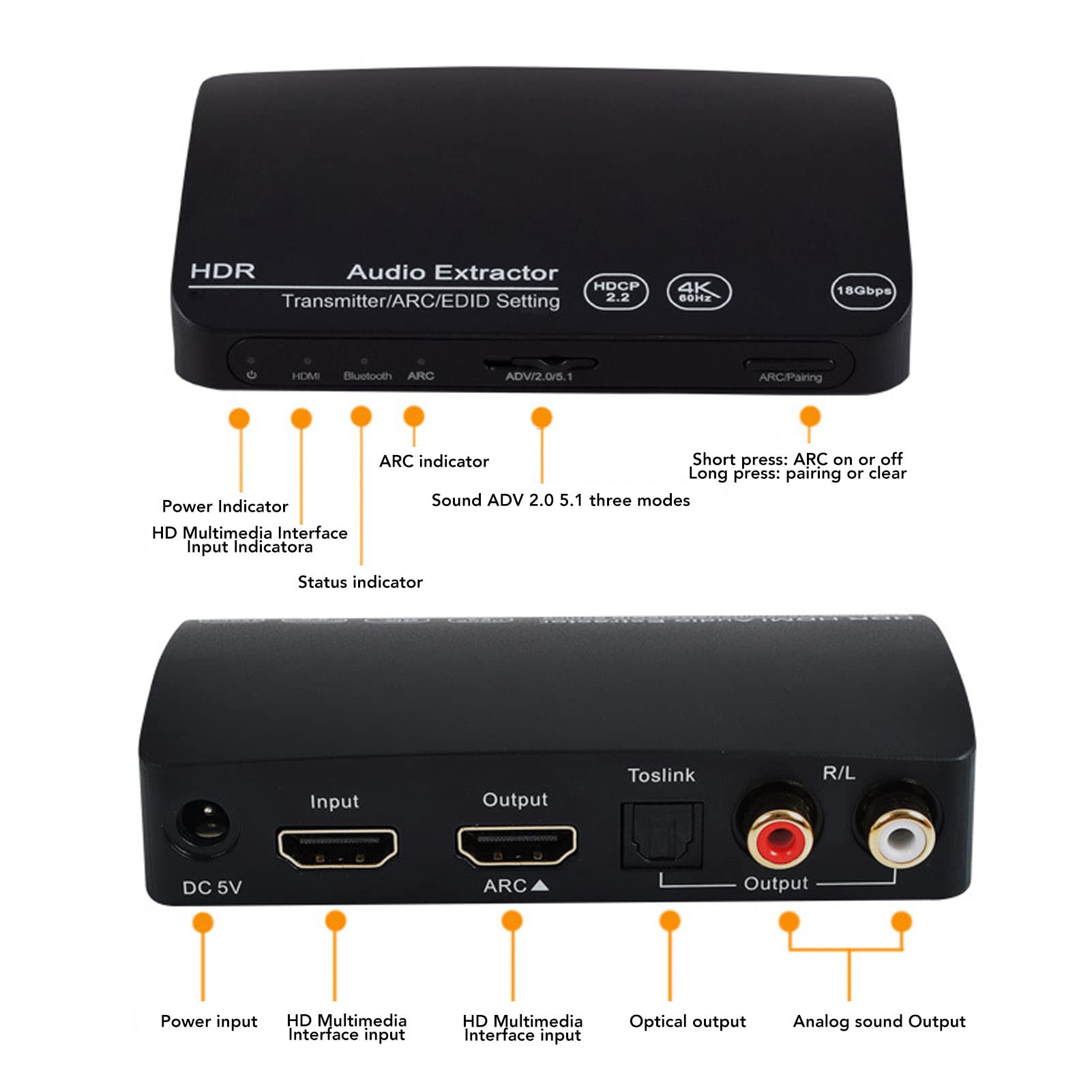 ASHATA Extractor Convertidor de Audio 4K 60Hz HDMI 2.0: HDMI, óptico, Salida Bluetooth, Dolby Atoms/DTS HD, HDR, Compatibilidad con Dolby Vision