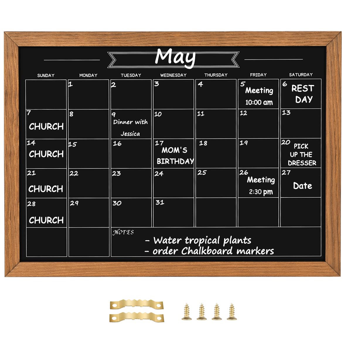 Calendar Chalkboard, 10.6" * 14.6", Magnetic Surface Rustic Brown Solid Pine Wood Frame Chalk Board for Planning/School Timetable/Memo, Hanging Board for Office, School and Home(YLHB-QZ-2737)
