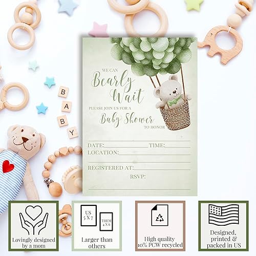 Miniatura 3 de Amanda Creation Lindo globo de oso de peluche, invitaciones para baby shower, 20 tarjetas de relleno de 5 x 7 pulgadas con veinte sobres blancos