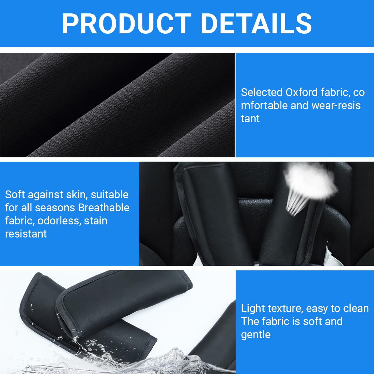 Cinturón de seguridad para bebé, almohadillas suaves para cinturón de seguridad para cochecitos y asientos infantiles, material Oxford transpirable, ajuste universal, negro, juego de 2 — view 4