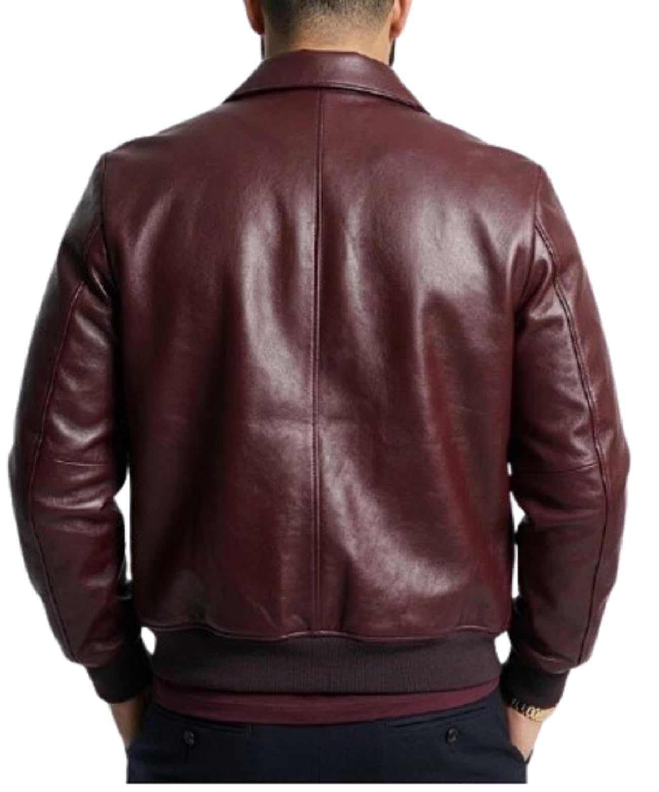Chaqueta de vuelo clásica de cuero granate oscuro para hombre, puños acanalados, estilo bombardero