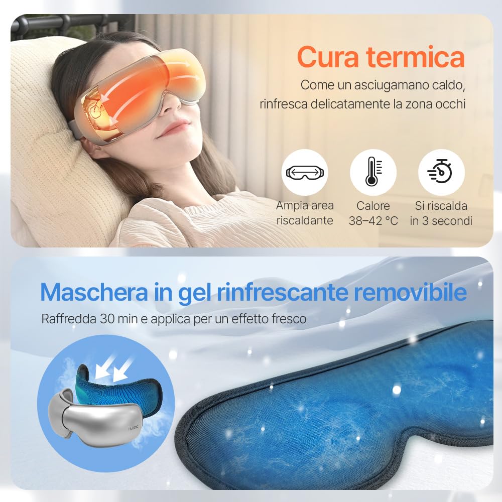 HubiCare - Massaggiatore per occhi Pro con calore e raffreddamento, vibrazione airbag 3D, musica Bluetooth, per occhi secchi, gonfiore, occhiaie, emicrania e sonno migliore, include cuscinetto in gel