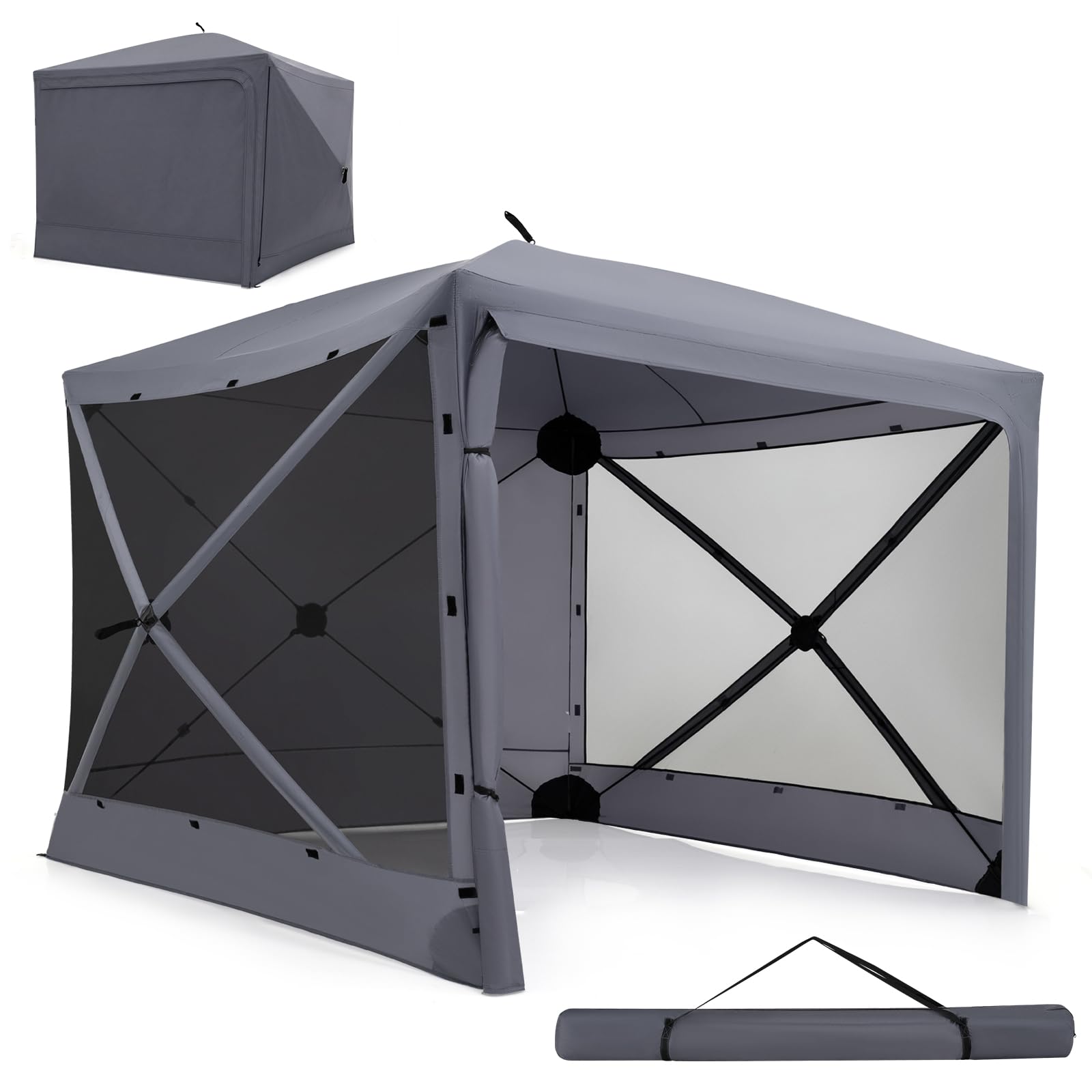 SPOTRAVEL Pop Up Camping Gazebo, Instant Setup Screen House Tent with 4/6-Sided Walls & Carry Bag, Outdoor Portable Garden Party Tent Sun Shelter Canopy (Grey, 240 x 240 x 220cm)