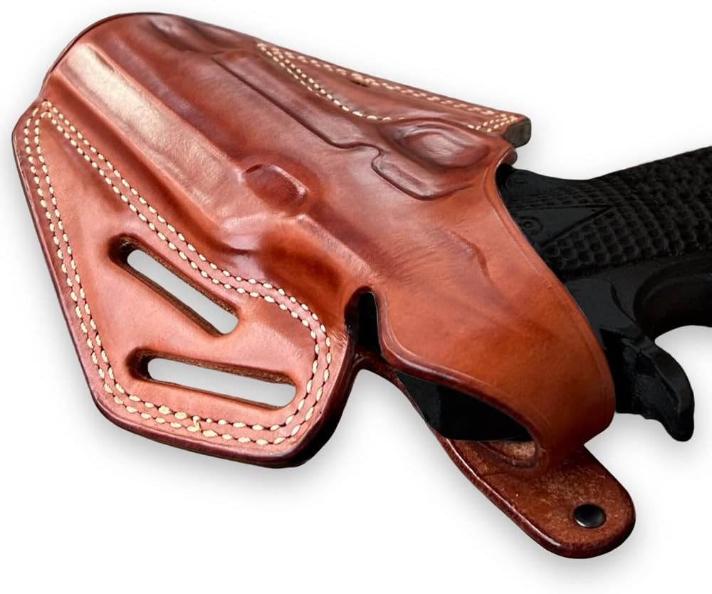 Masc Premium Leather OWB Three Slot Pancake Holster with Thumb Break Fits 1911 w/Rail 5-inch, Right-Hand Draw, Brown Color #1149#