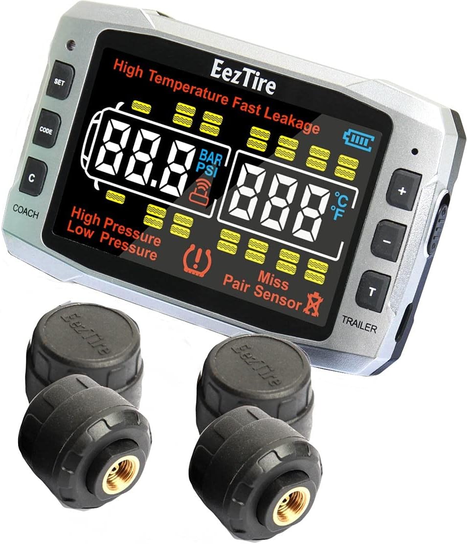 EEZTire-TPMS Pro (518C) Tire Pressure and Temperature Monitoring System with 3.5" Color Display + 4 AT Sensors, Not Compatible with Our Previous Models T515, E518, E618 Systems