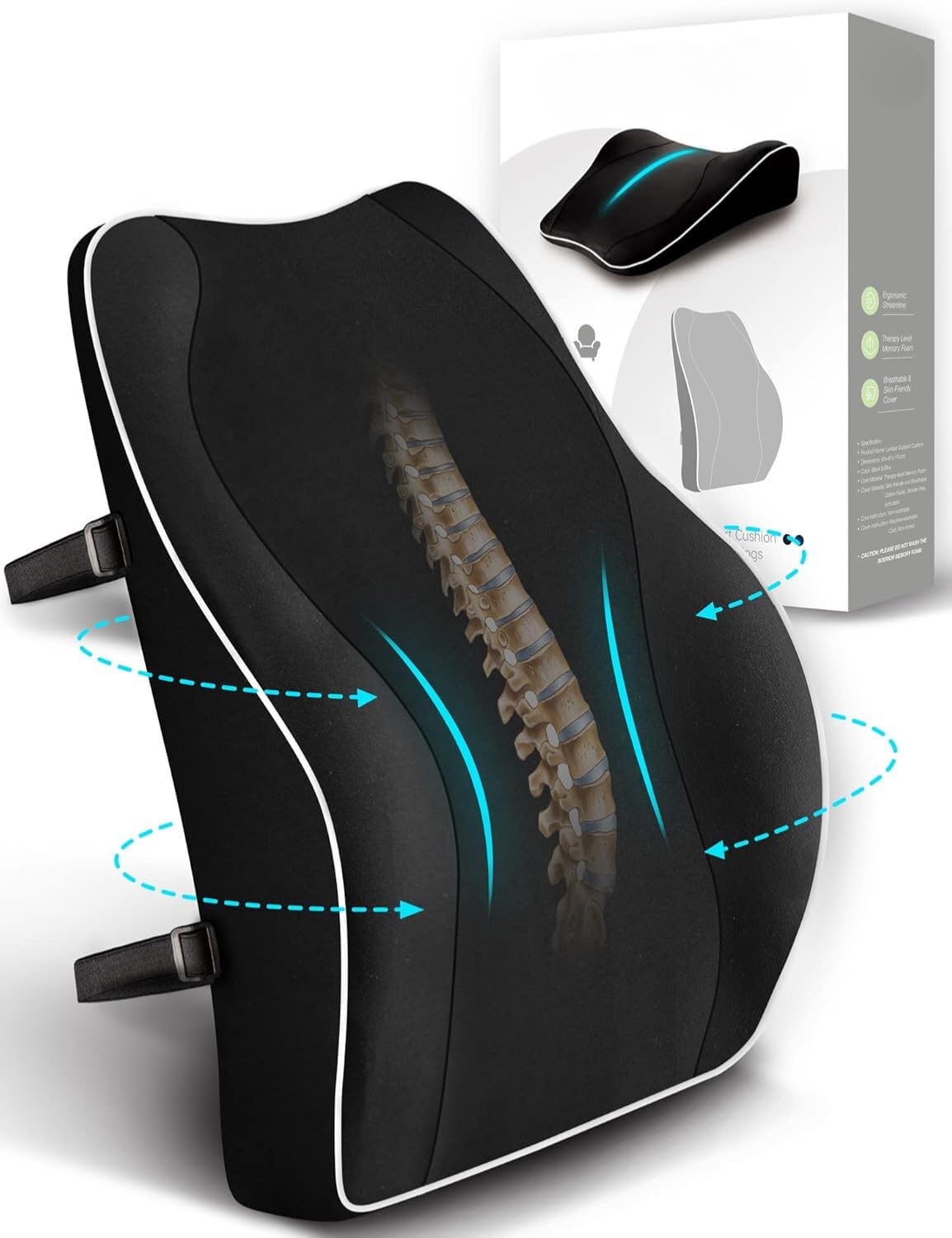 EASE Ergonomic Lumbar Support Cushion – Memory Foam Back Support for Car Seat, Office Chair, Gaming Chair, 3D Mesh Cover, Adjustable Straps, Lower Back Pain Relief, Black