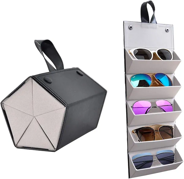 Kenpal Sunglasses Storage Organizer Holder Foldable Travel Case with 5 Slot Compartments for Multiple Glasses (Black)
