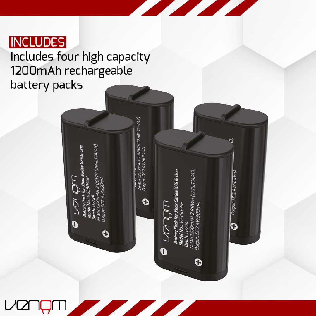 Venom Rechargeable Battery 4-Pack with Charging Dock - 2880mWh / 1200mAh for Xbox Series X & S/Xbox One