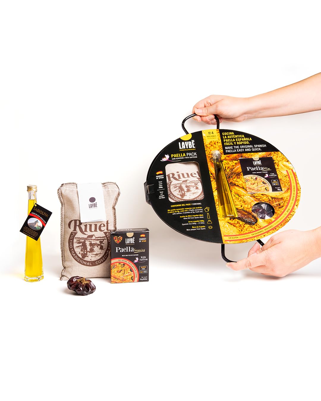 LAYBÉ - Pack Paella, Kit Completo para Elaborar la Auténtica Paella Española con Azafrán, Incluye: Paellera, Arroz 500gr (4 raciones), Sazonador (3x6gr), Aceite de Oliva (4ml) y Ñora.