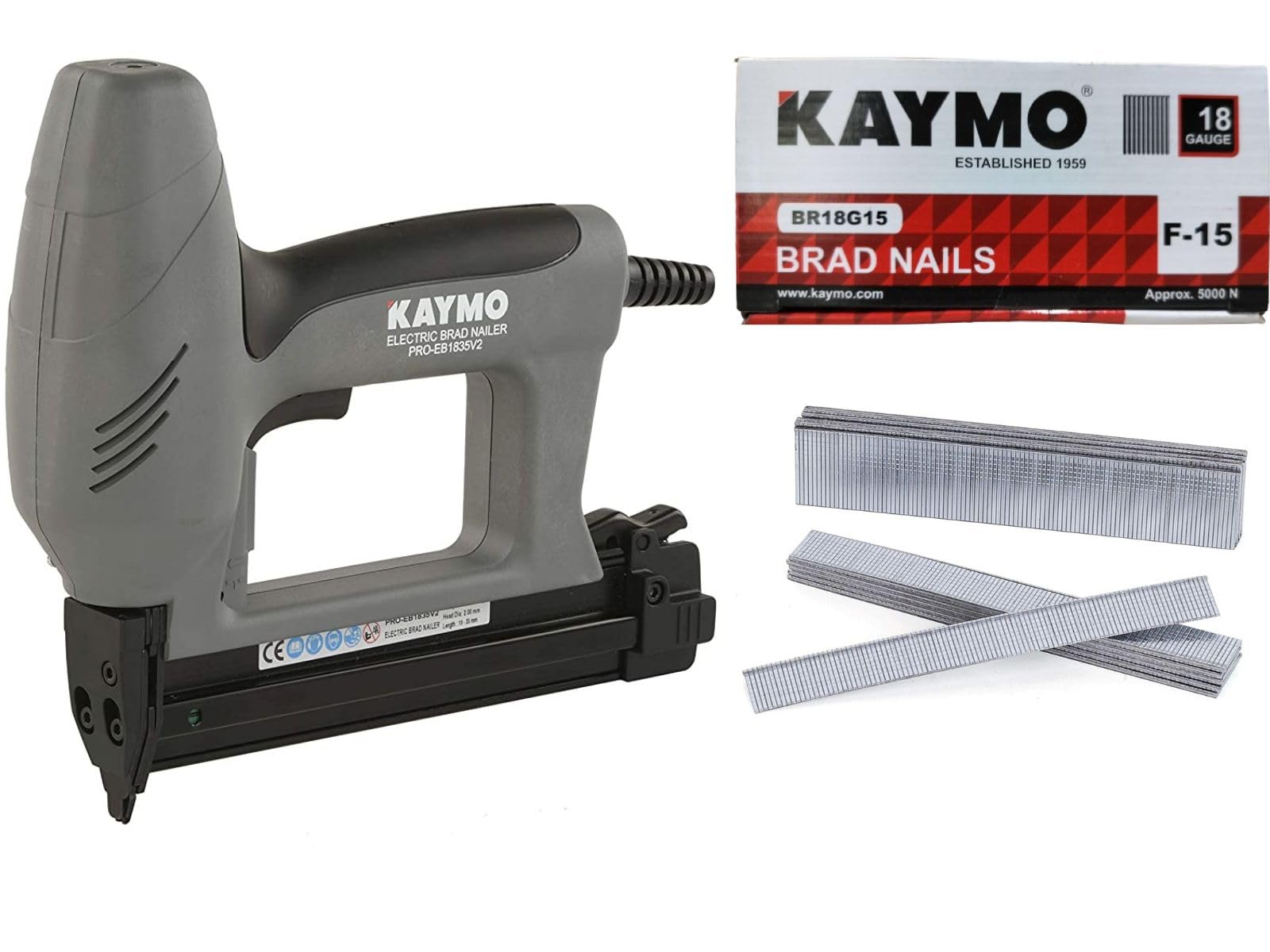Kaymo PRO-EB1835V2 Electric Brad Nailer with F-15mm Brad Nails (5000 Nails) | 1500g Lightweight | 220–230V | 18 Gauge Series | Nail Depth Adjustment | Safety Lock | Closed Metal Magazine