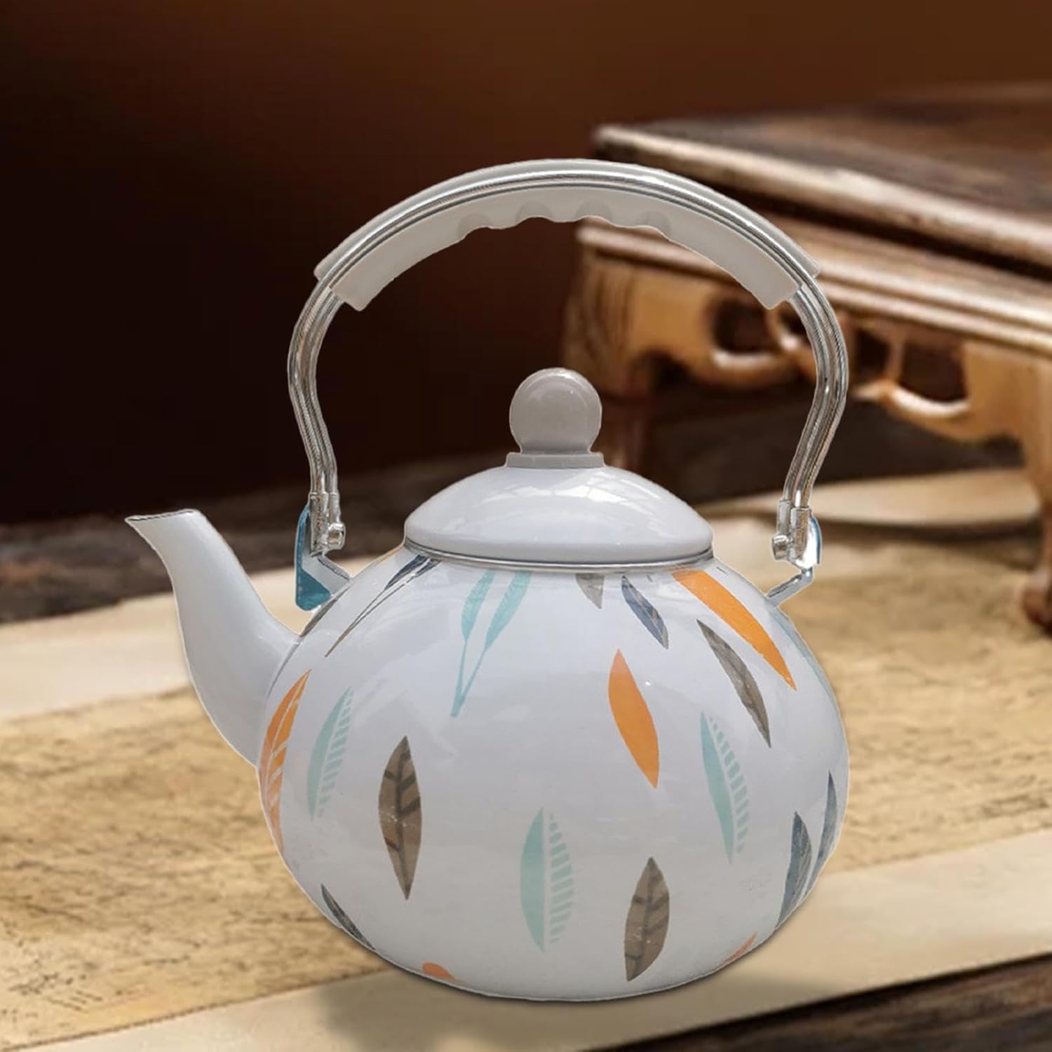 Enamel Teapot 3L with Handle,Large Capacity Vintage Sturdy Water Kettle Leaf Enamel Pot for Household Kitchen Decor Hot Water