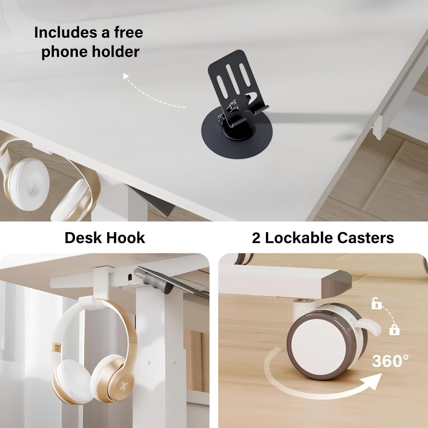 Bureau Debout réglable en Hauteur - Table de Travail Mobile avec roulettes et système pneumatique - Position Assise ou Debout - Bureau Domicile pour Ordinateur Portable - Blanc