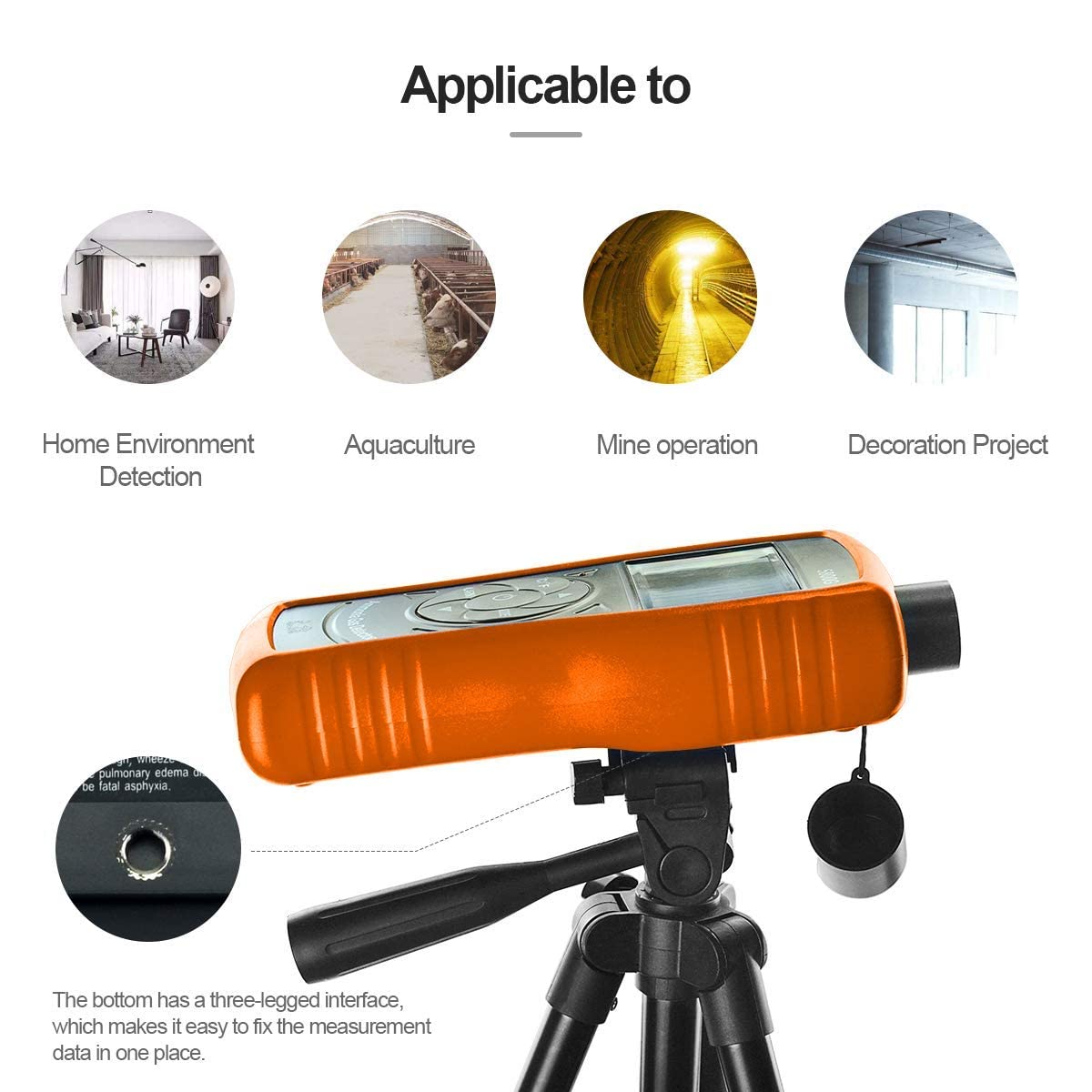 Bund view of the BTMETER BT-5800G Ammonia Gas Detector highlighting the 1/4 inch tripod mount for stable, continuous monitoring.