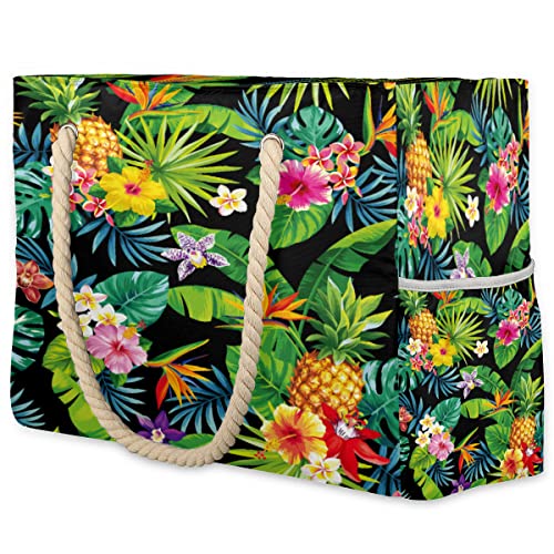 Bolsa de praia feminina com flores tropicais, abacaxi, folhas de palmeira, impermeável, bolsa de pis