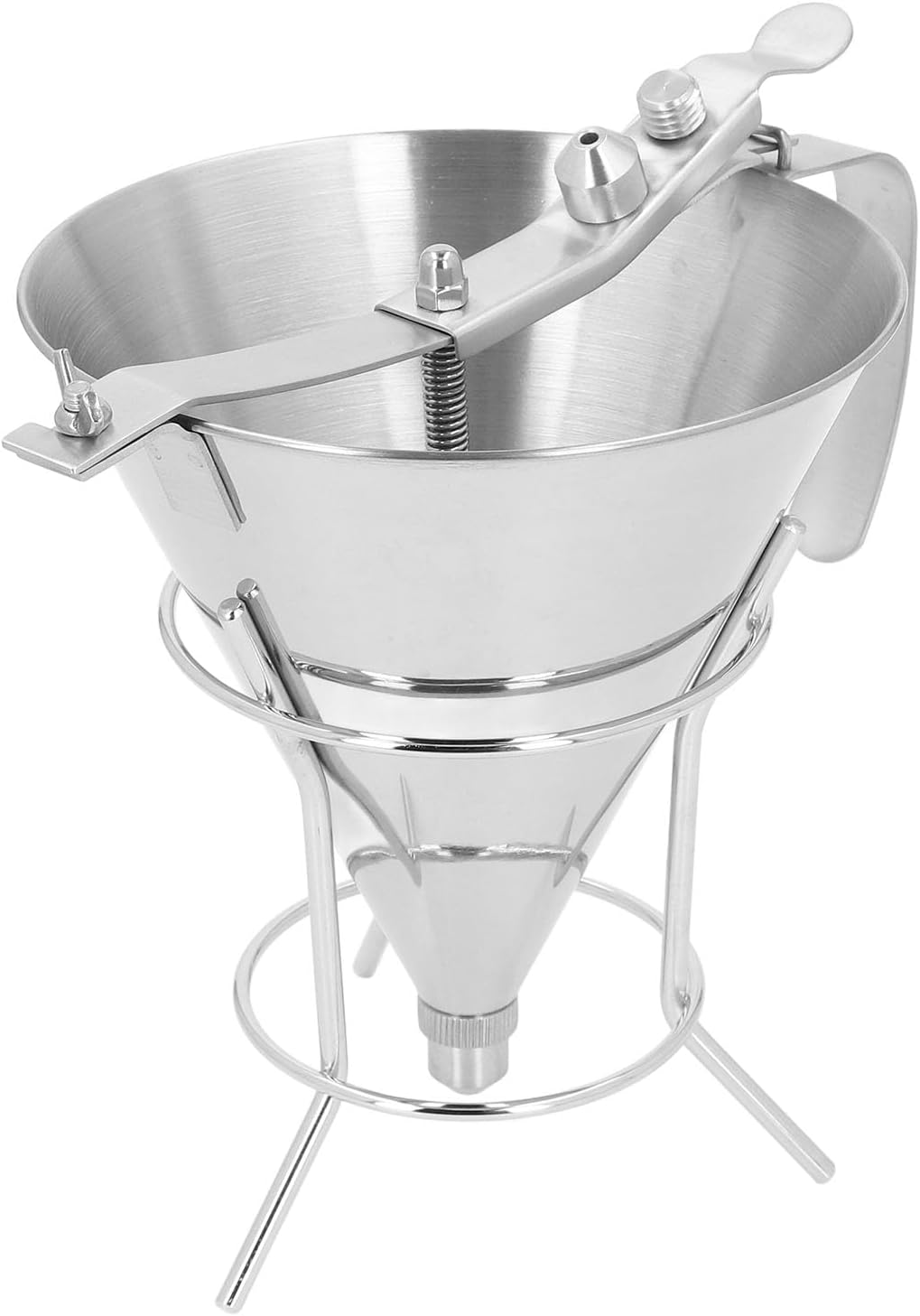 Stainless Steel Confectionery Funnel with Stand, Commercial Grade Batter Dispenser for Pancakes and Cake Decorating, Precision Flow Control Tool for Home and Bakery Use
