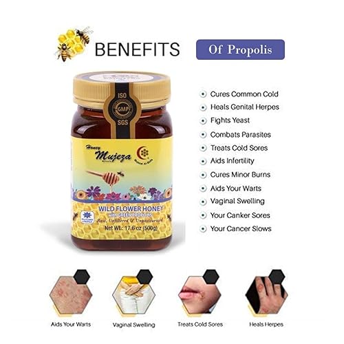 Miniatura 4 de Mujeza - Miel de flores silvestres con propóleos, sin calentar, sin filtrar, sin pasteurizar 100% miel cruda natural, sin OMG (500 g17.6 oz) -