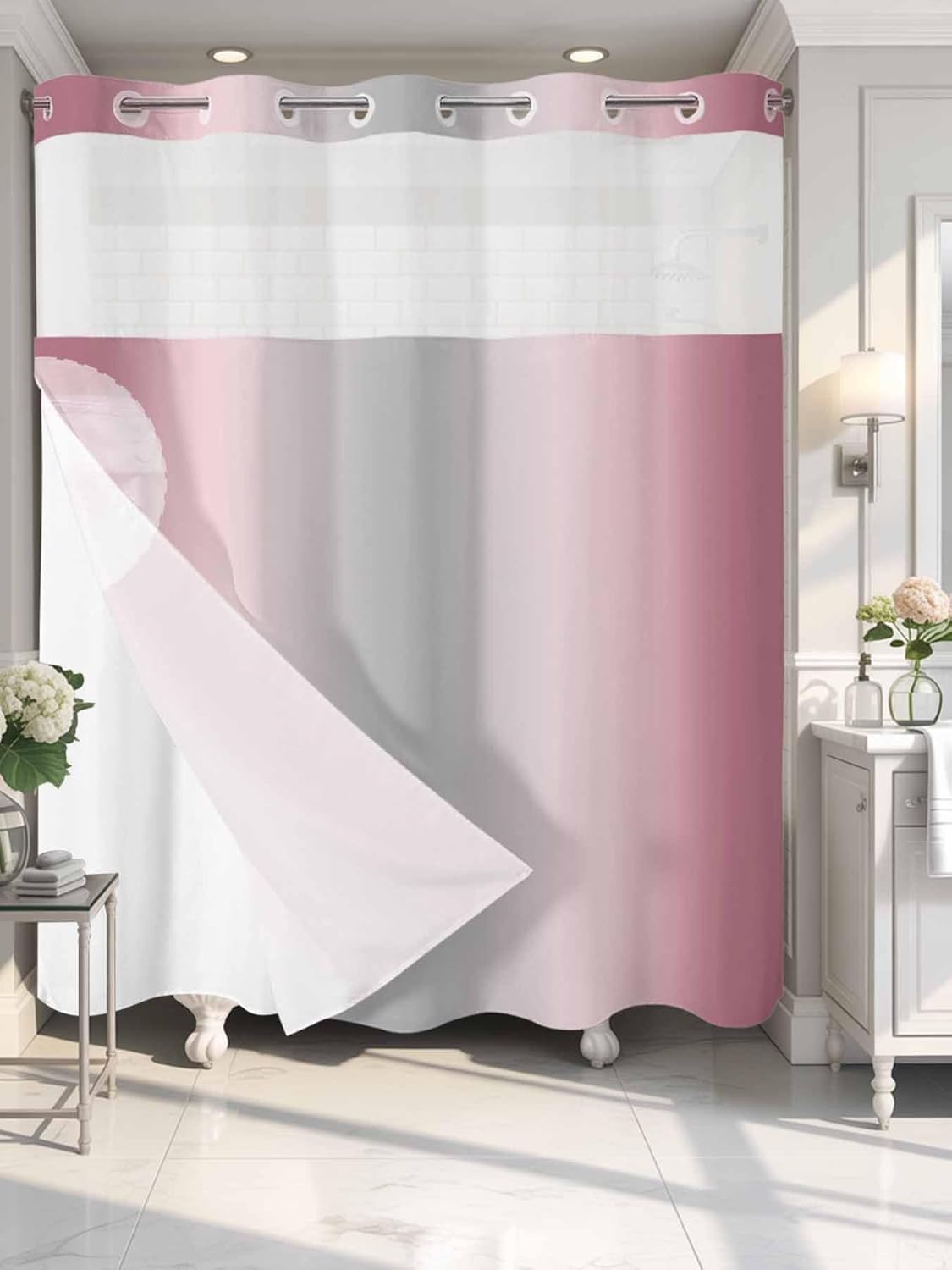 Pink and Grey Gradient No Hook Shower Curtain with Snap in Liner Minimalist Abstract Ombre Modern Art Shower Curtain for Bathroom, Fabric Waterproof Inner Liner with Mesh Top Window, 72x72