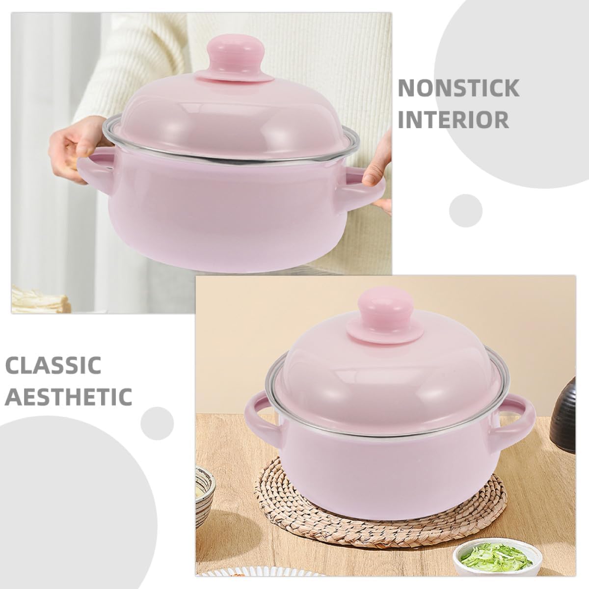 Zerodeko Enamel Soup Pot with Lid 1.7l Retro Thickened Double Handle Enameled Cooking Pot for Stews and Traditional Recipes, 18cm Pink Stockpot for Kitchen and Home Use