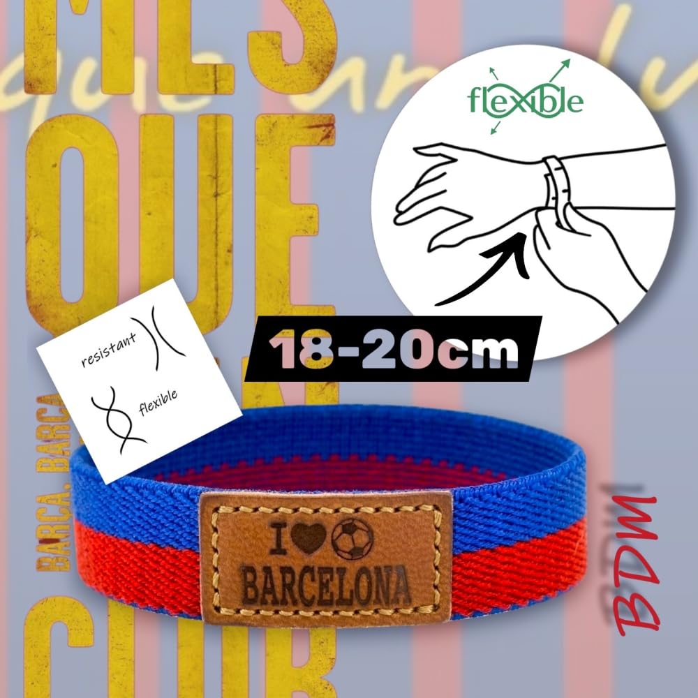 BDM Braccialetto e Portachiavi Barcellona Azulgrana Calcio| Tessuto Elastico con Toppa in Pelle I Love Barcelona | Taglie 16-18 cm e 18-20 cm | Pacco o Singolo