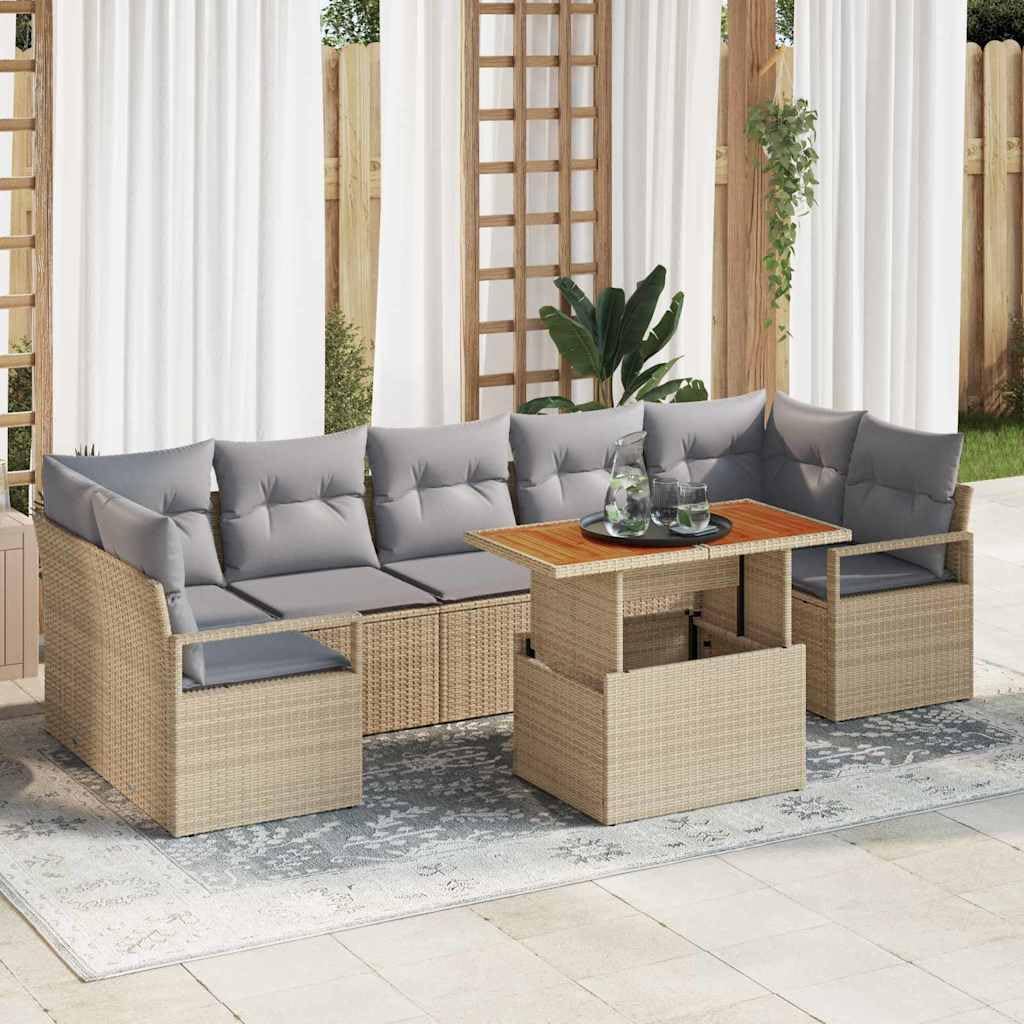 Set di divani da giardino in polyrattan, 8 pezzi, 7 posti, beige e