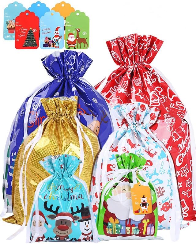 40Pcs Christmas Drawstring Gift Bags, Assorted Small Medium Large