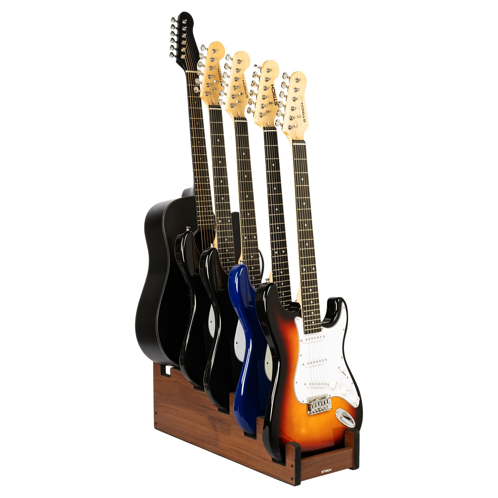 STRICH L-4E1AW Gitarrenständer aus Holz für mehrere Gitarren, 5 Halter, Front-Display, platzsparender Boden-Gitarrenständer für Zuhause, Studio, Bühne, Walnussholz, L-4E1AW (für 4 elektrische + 1