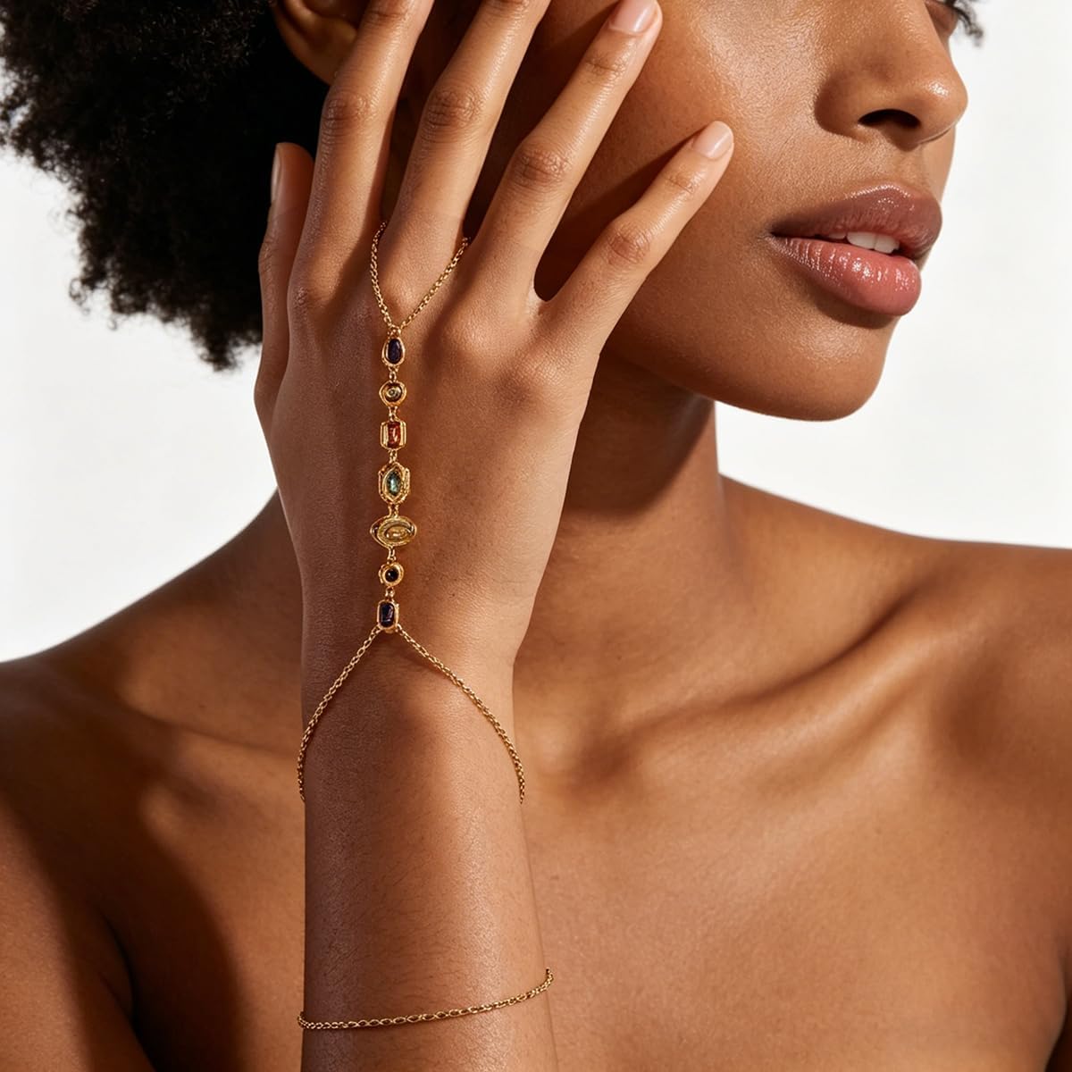 Gold Silver Hand Chain Bracelets for Women Trendy, Dainty Hand Chains Stackable Finger Ring Bracelet, Colorful CZ Layered Link Bracelets Jewelry Gifts